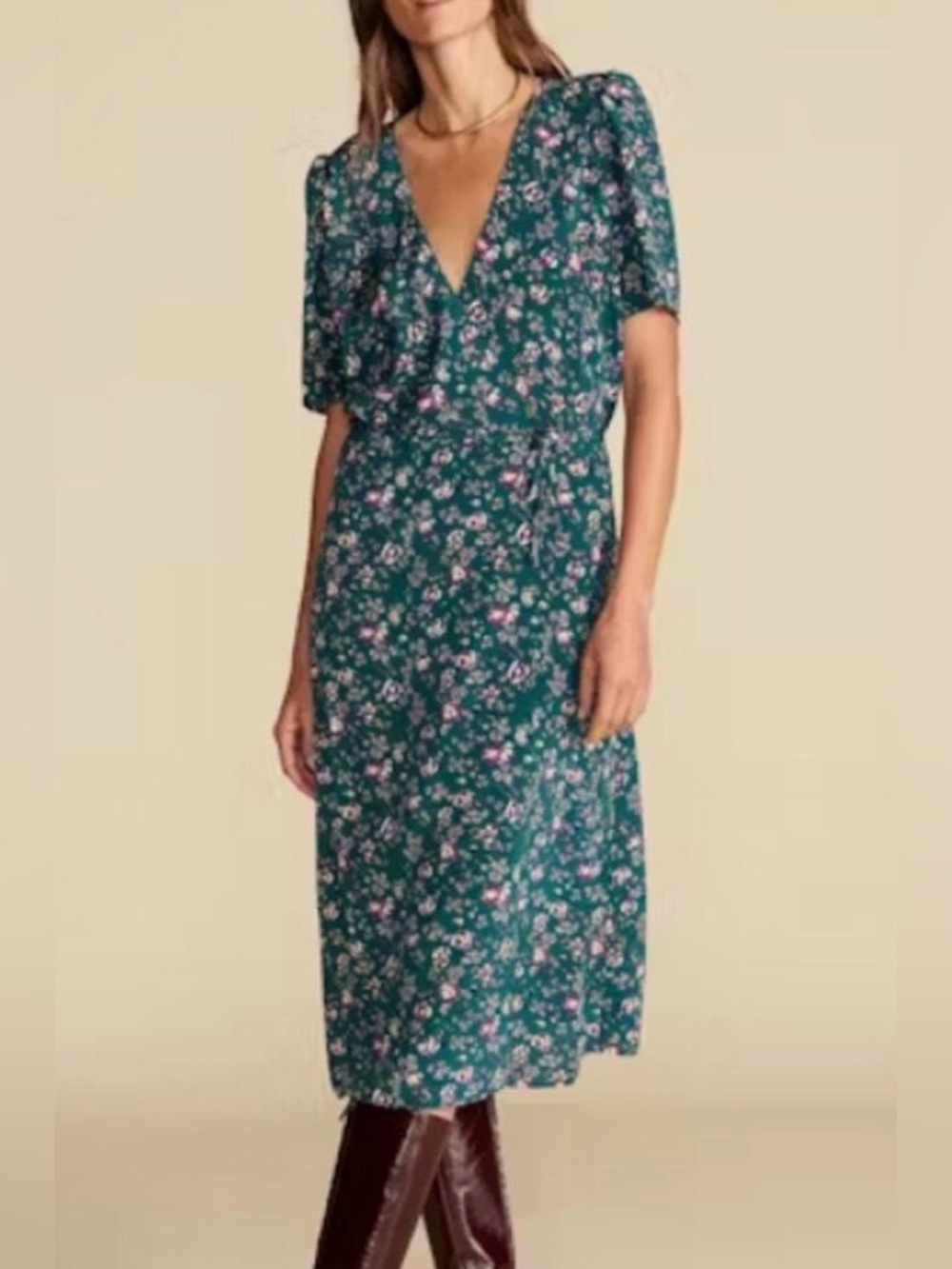 Amour Vert Nicolette Washable 100% Silk Dress - Chloe Green Floral Print